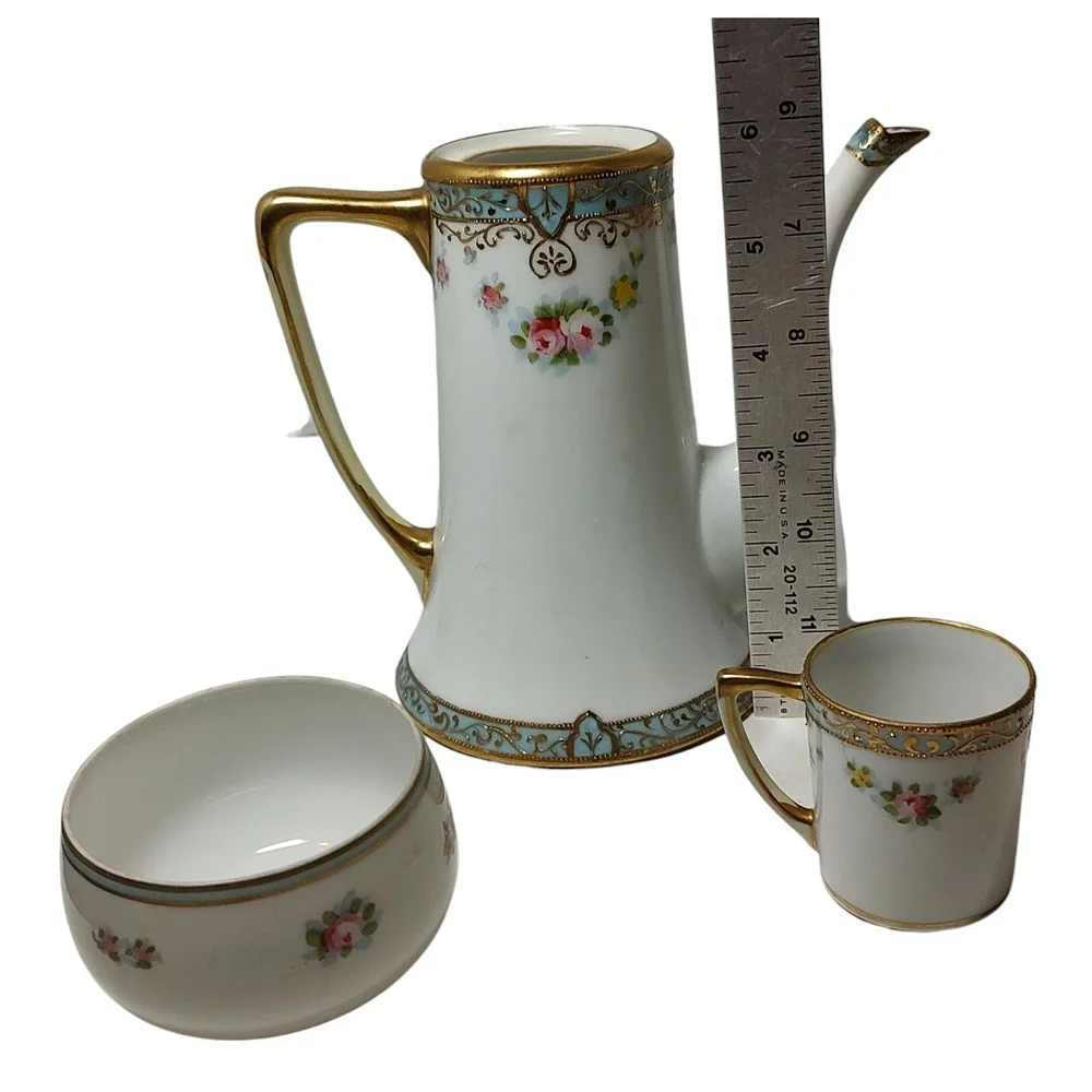 Antique Nippon Chocolate Pot Demitasse Mug Sugar Bowl Gold Moriage‎ Hand Painted